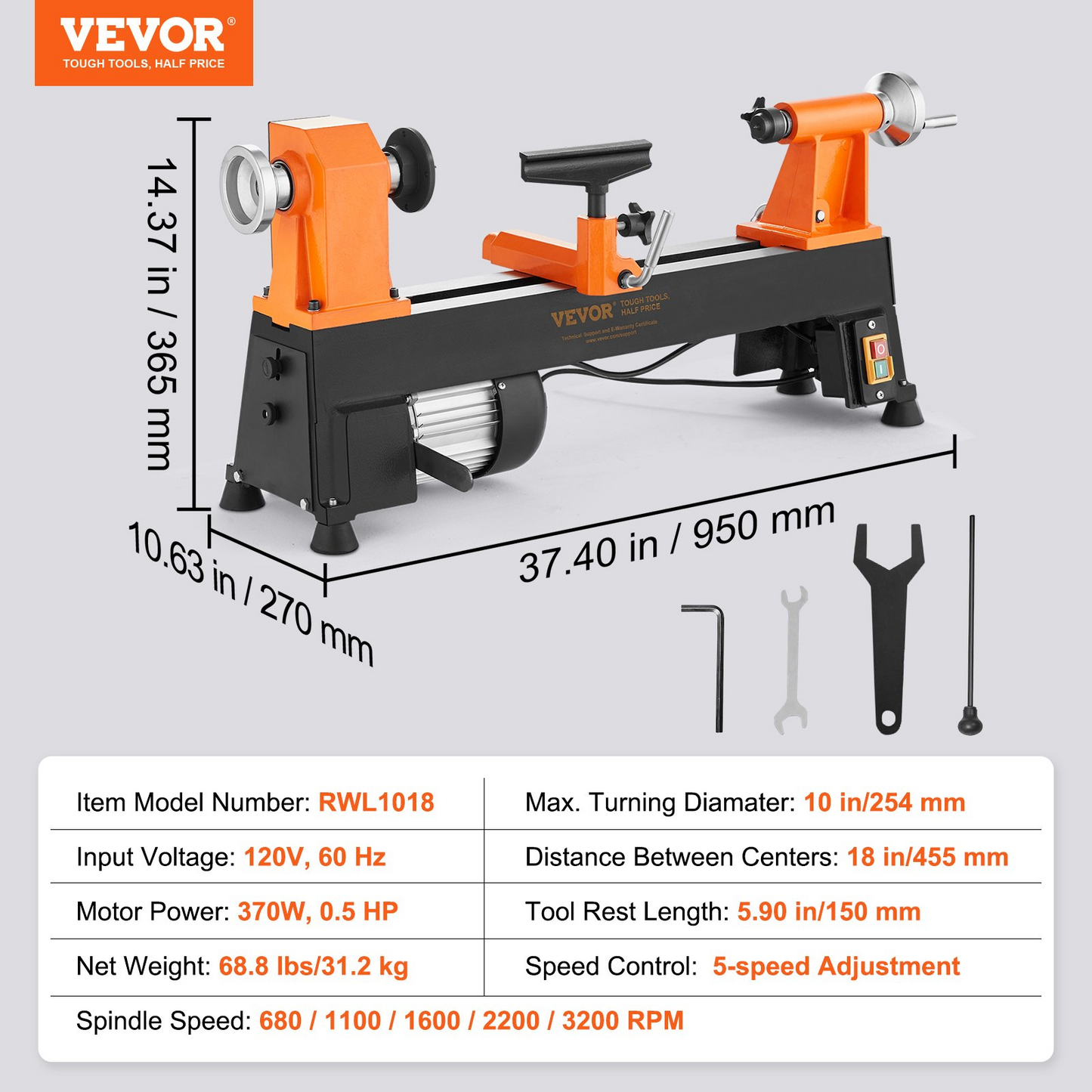 Benchtop Wood Lathe, 10 in x 18 in, 0.5 HP 370W Power Wood Turning Lathe Machine, 5 Variable Speeds 780/1320/1920/2640/3840 RPM with Rod Injection Wrenches Faceplate Foot Pads, for Woodworking