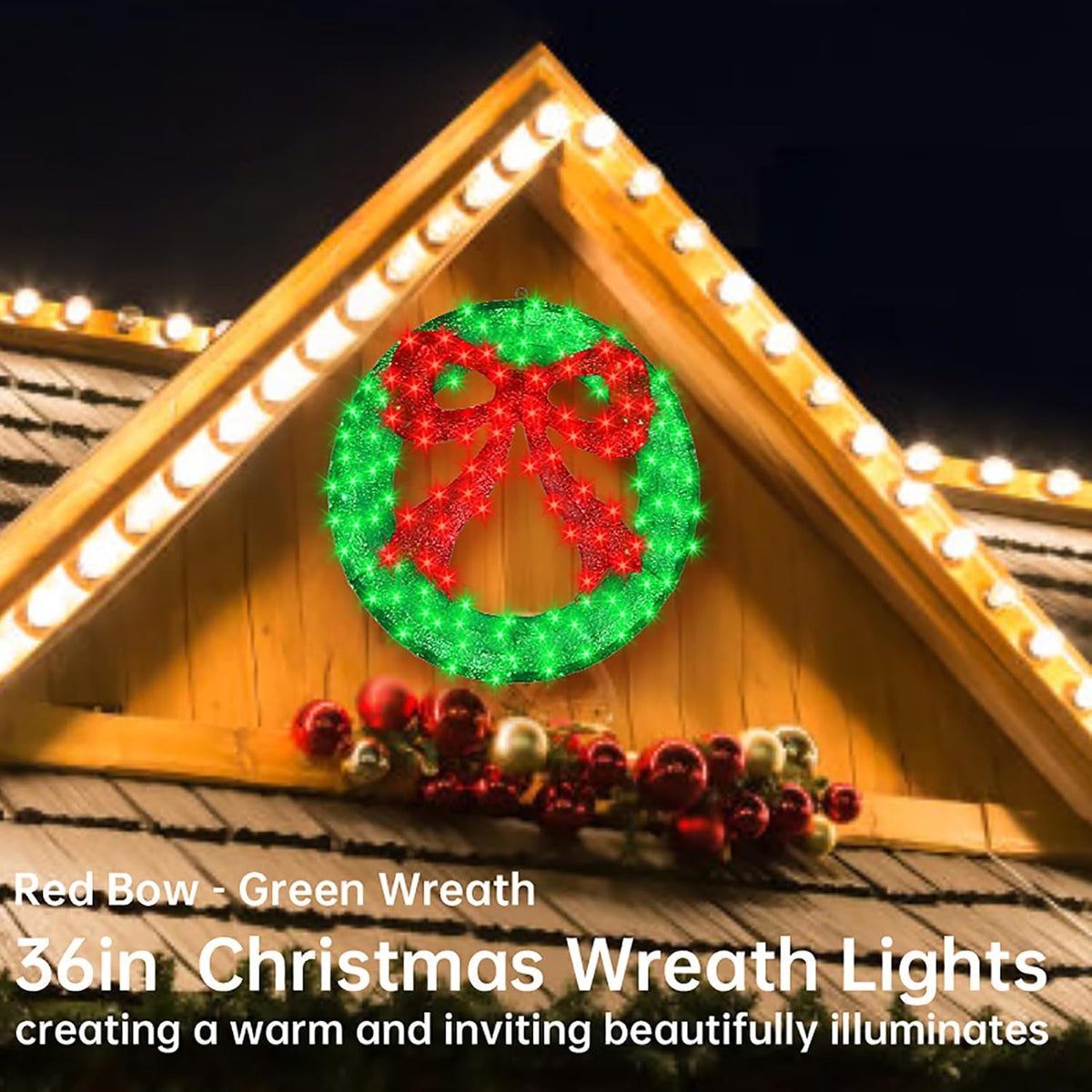 36 Inch Pre-Lit Outdoor Christmas Wreath with Bow, Red Bow - Green Wreath