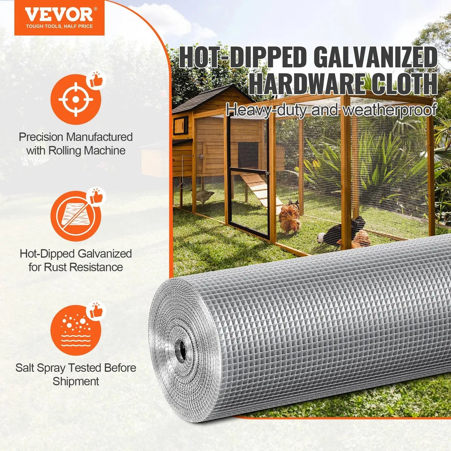 VEVOR Hardware Cloth, 1/4 Inch 48In X 50 Ft 23 Gauge, Hot Dipped Galvanized Wire Mesh Roll, Chicken Wire Fencing, Wire Mesh for Rabbit Cages, Garden, Small Rodents
