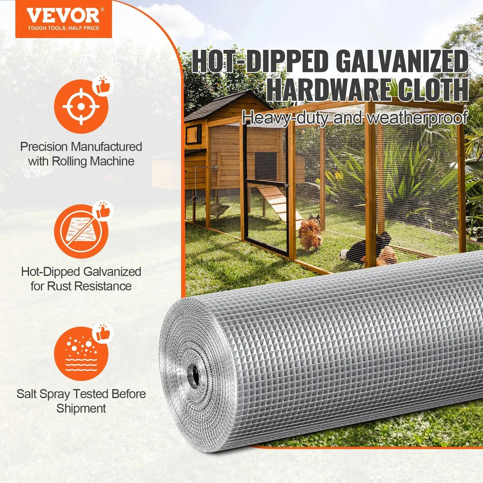 VEVOR Hardware Cloth, 1/4 Inch 48In X 50 Ft 23 Gauge, Hot Dipped Galvanized Wire Mesh Roll, Chicken Wire Fencing, Wire Mesh for Rabbit Cages, Garden, Small Rodents