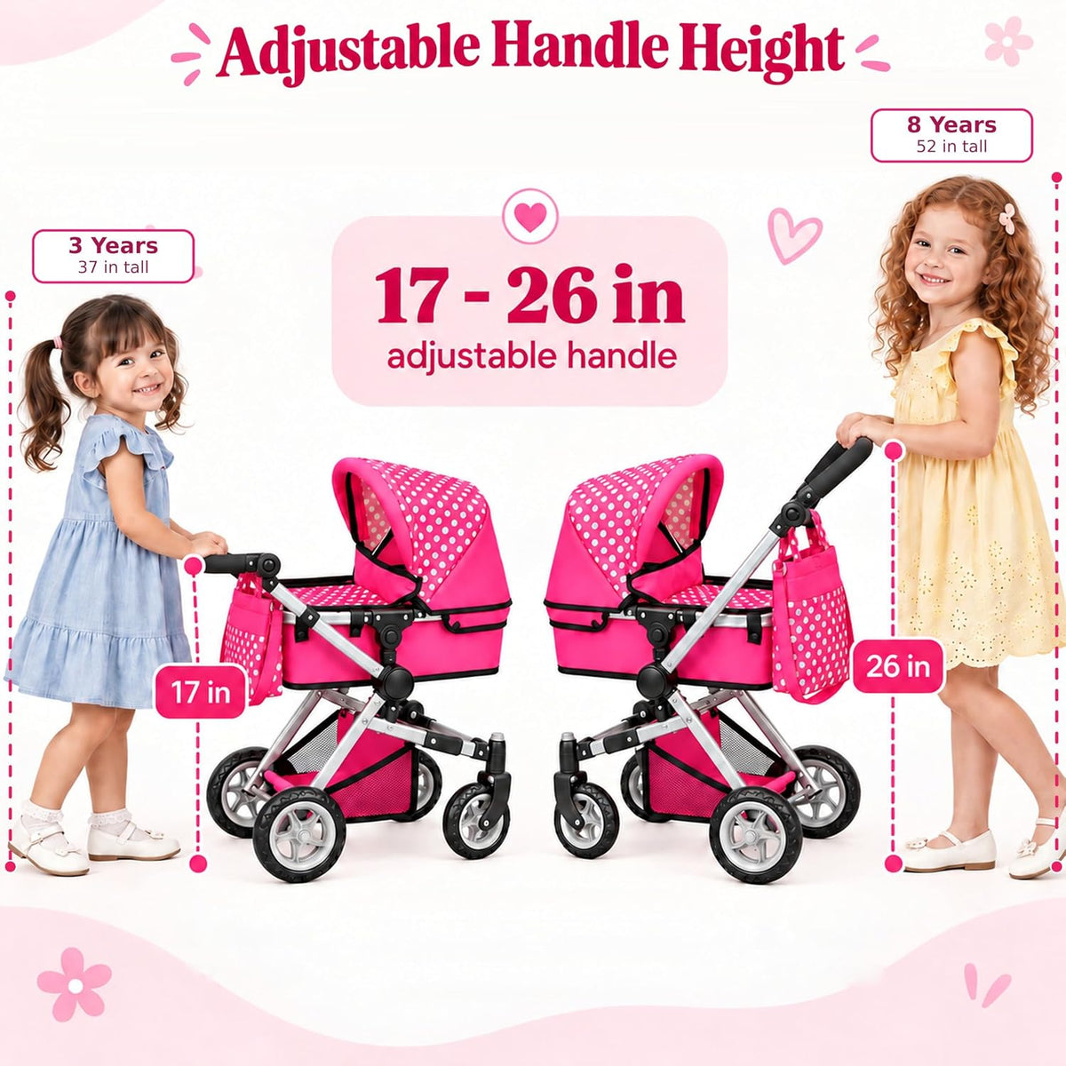 Fash N Kolor Foldable Pram for Baby Doll with Polka Dots Design with Swiveling Wheel Adjustable Handle