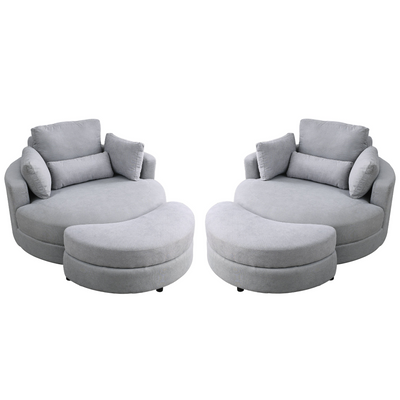 Swivel Accent Barrel Modern Grey Sofa Lounge Club Big Round Chair with Storage Ottoman Linen Fabric for Living Room Hotel with Pillows .2PCS