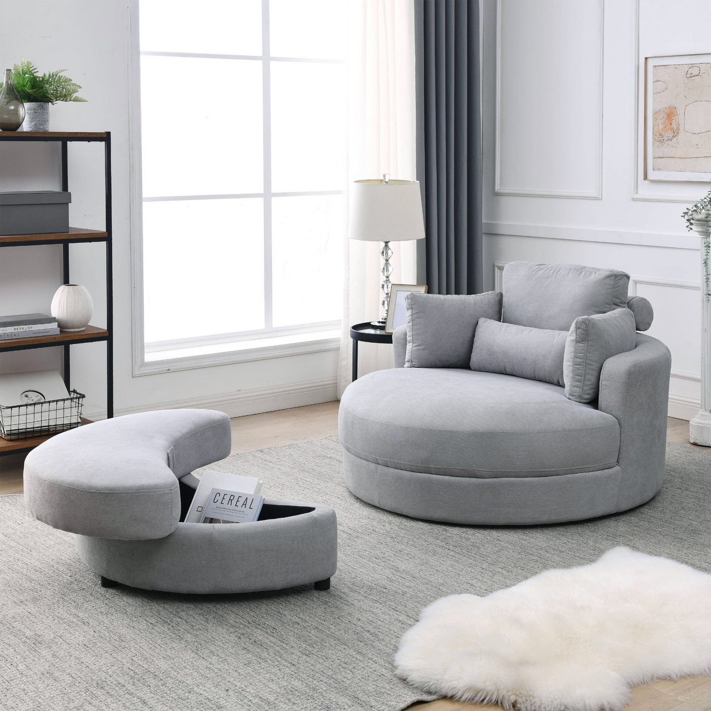 Swivel Accent Barrel Modern Grey Sofa Lounge Club Big Round Chair with Storage Ottoman Linen Fabric for Living Room Hotel with Pillows .2PCS