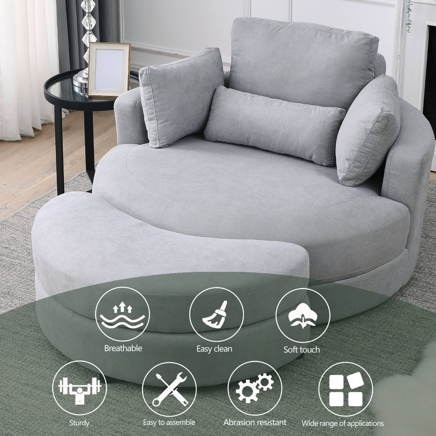 Swivel Accent Barrel Modern Grey Sofa Lounge Club Big Round Chair with Storage Ottoman Linen Fabric for Living Room Hotel with Pillows .2PCS