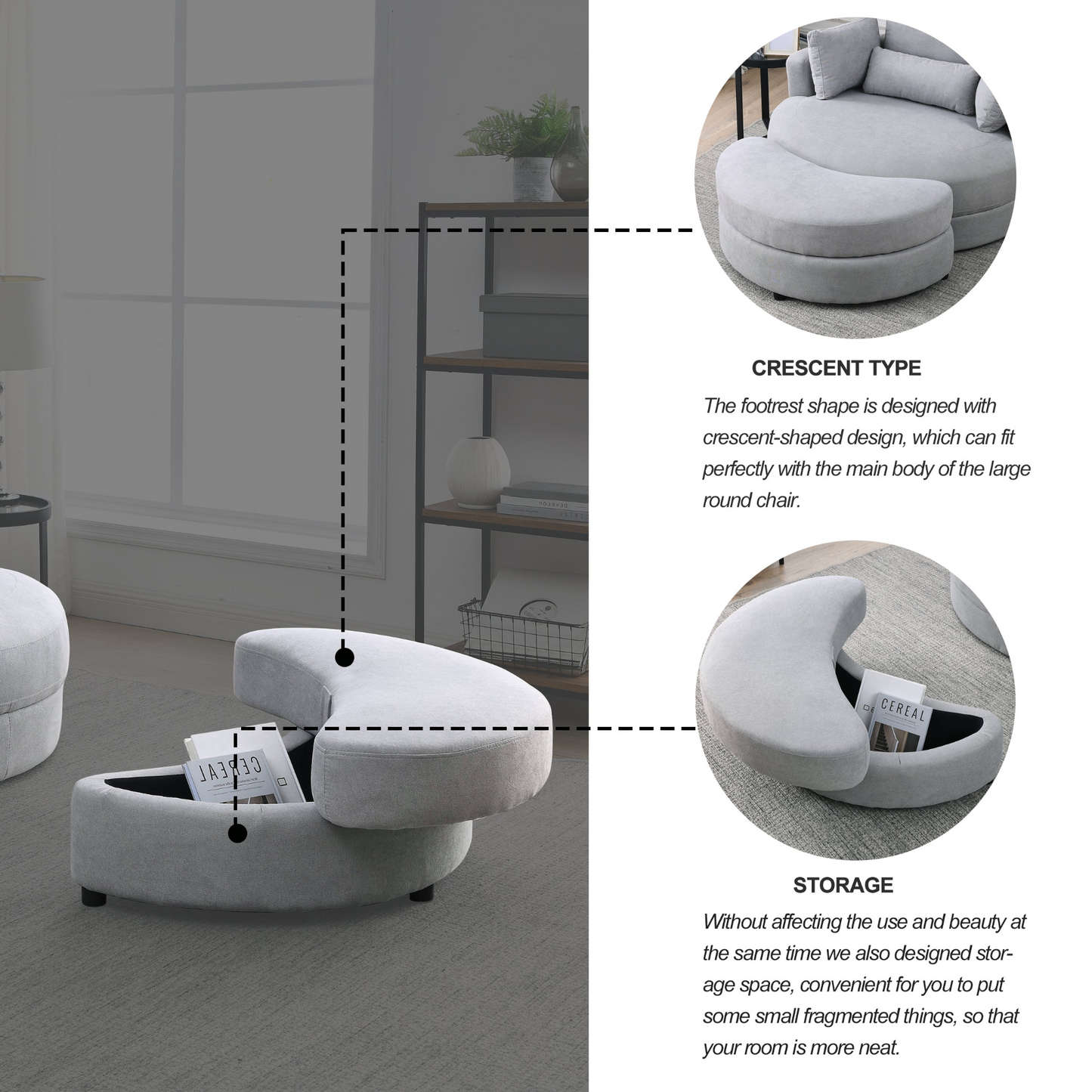 Swivel Accent Barrel Modern Grey Sofa Lounge Club Big Round Chair with Storage Ottoman Linen Fabric for Living Room Hotel with Pillows .2PCS