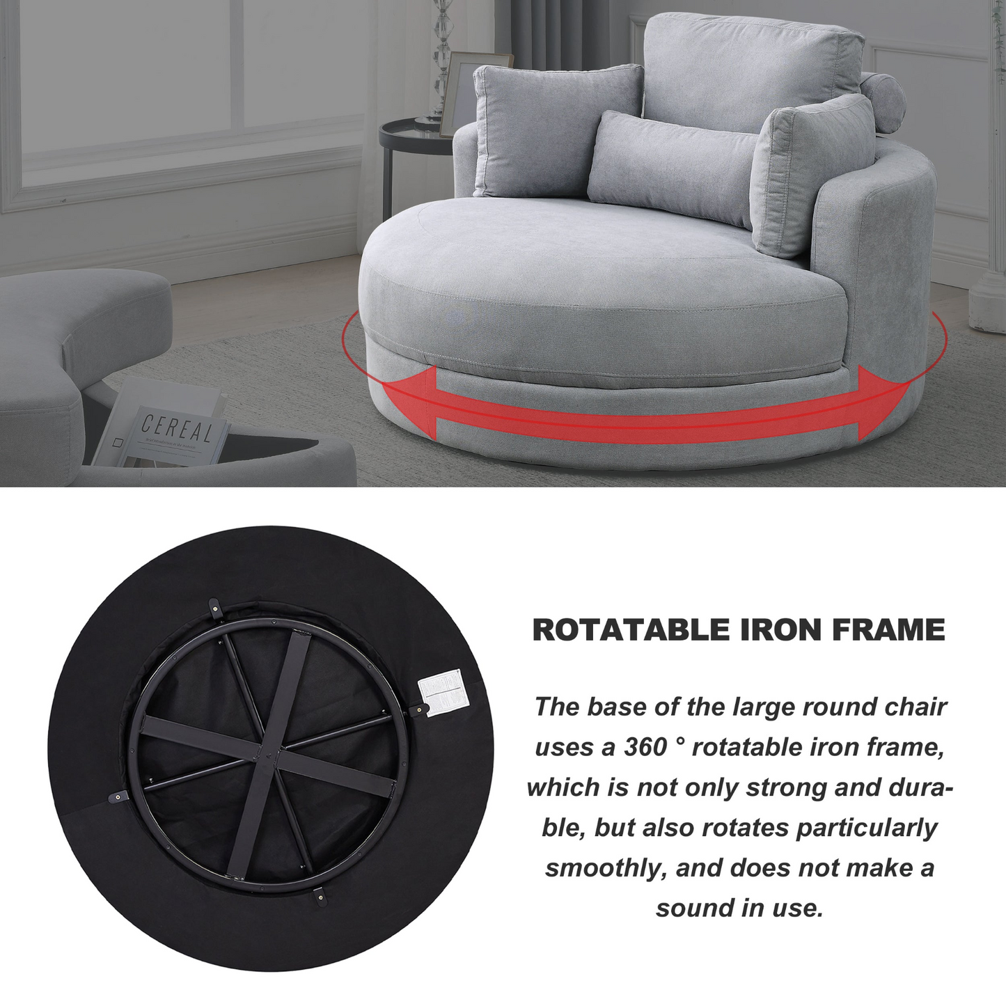 Swivel Accent Barrel Modern Grey Sofa Lounge Club Big Round Chair with Storage Ottoman Linen Fabric for Living Room Hotel with Pillows .2PCS