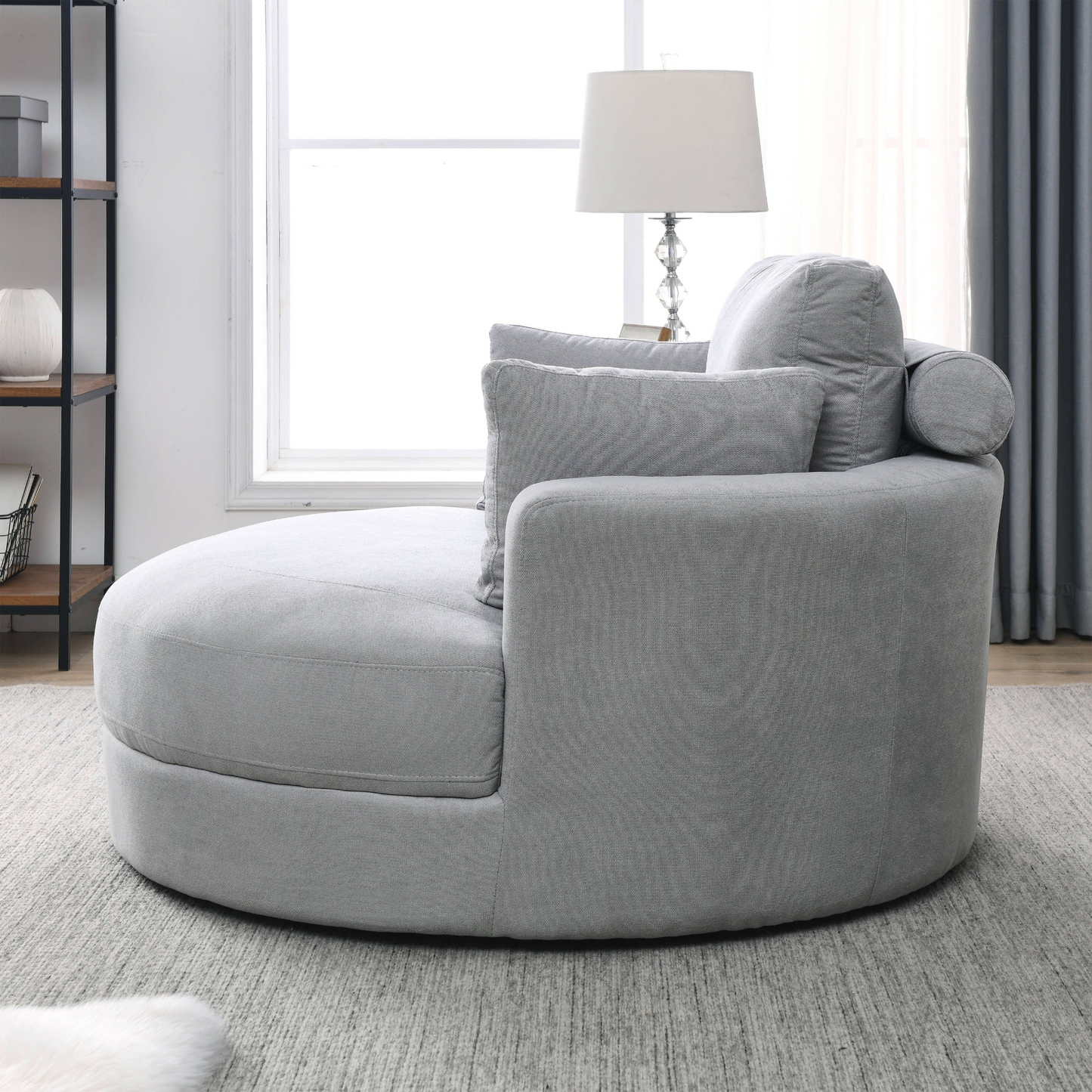 Swivel Accent Barrel Modern Grey Sofa Lounge Club Big Round Chair with Storage Ottoman Linen Fabric for Living Room Hotel with Pillows .2PCS