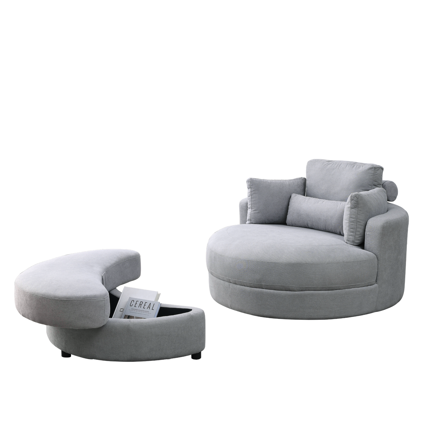 Swivel Accent Barrel Modern Grey Sofa Lounge Club Big Round Chair with Storage Ottoman Linen Fabric for Living Room Hotel with Pillows .2PCS