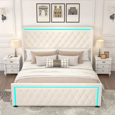 King Platform Bed Frame, Velvet Upholstered Bed with Deep Tufted Buttons, Adjustable Colorful Lighted Strip Decorative Headboard, Wide Wingbacks, BEIGE