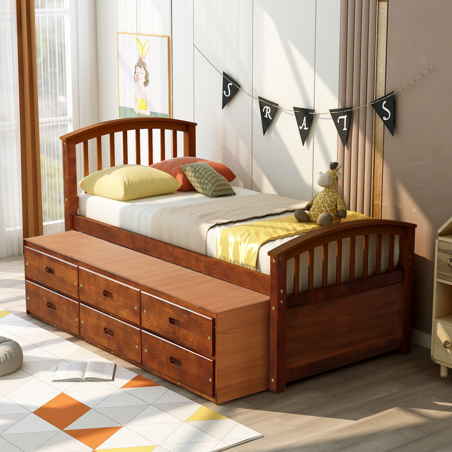 Twin Size Platform Storage Bed Solid Wood Bed with 6 Drawers