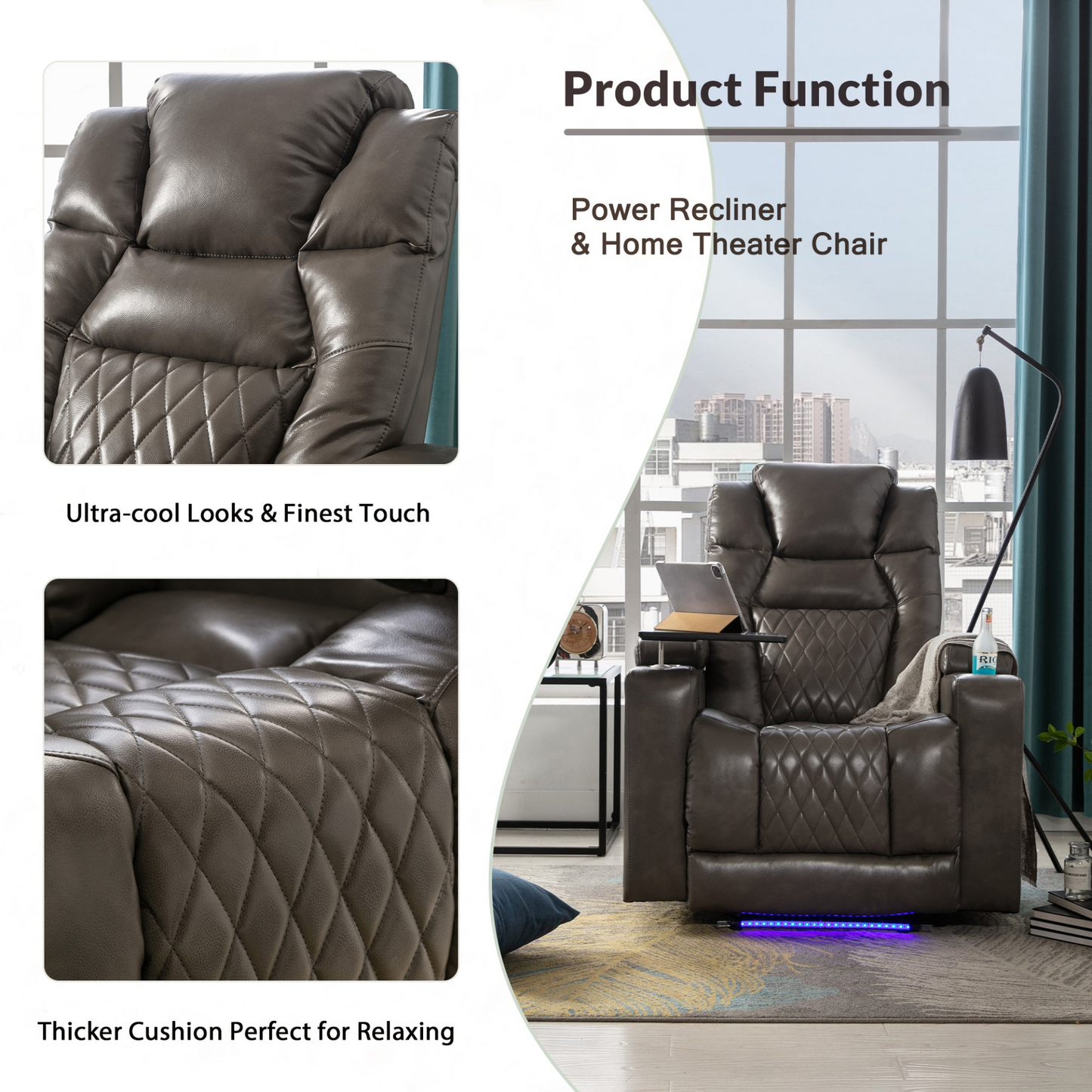 Power Motion Recliner with USB Charging Port and Hidden Arm Storage, Home Theater Seating with 2 Convenient Cup Holders Design and 360° Swivel Tray Table