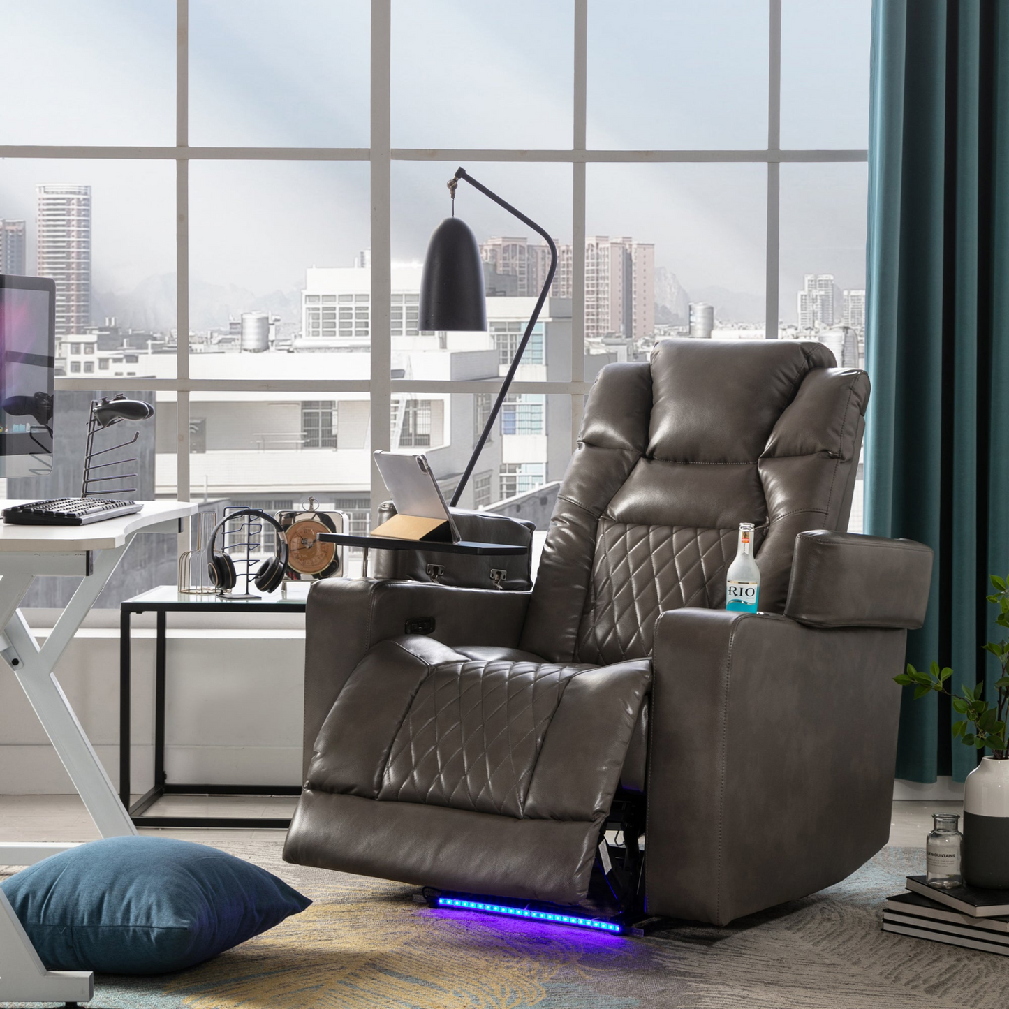 Power Motion Recliner with USB Charging Port and Hidden Arm Storage, Home Theater Seating with 2 Convenient Cup Holders Design and 360° Swivel Tray Table