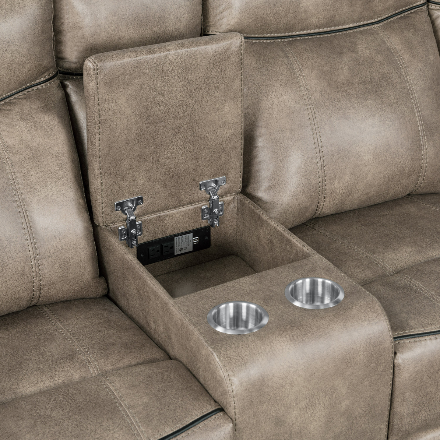 Home Theater Seating Manual Recliner with Cup Holder, Hide-Away Storage, 2 USB Ports and 2 Power Sockets for Living Room, Home Theater, Brown