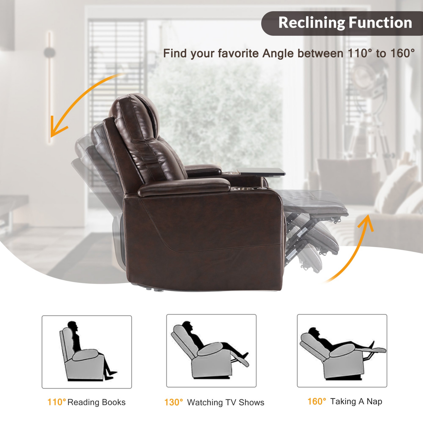 Power Motion Recliner with USB Charging Port and Hidden Arm Storage 2 Convenient Cup Holders Design and 360° Swivel Tray Table,Brown