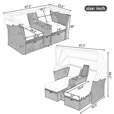 2-Seater Outdoor Patio Daybed Outdoor Double Daybed Outdoor Loveseat Sofa Set with Foldable Awning and Cushions for Garden, Balcony, Poolside, Grey