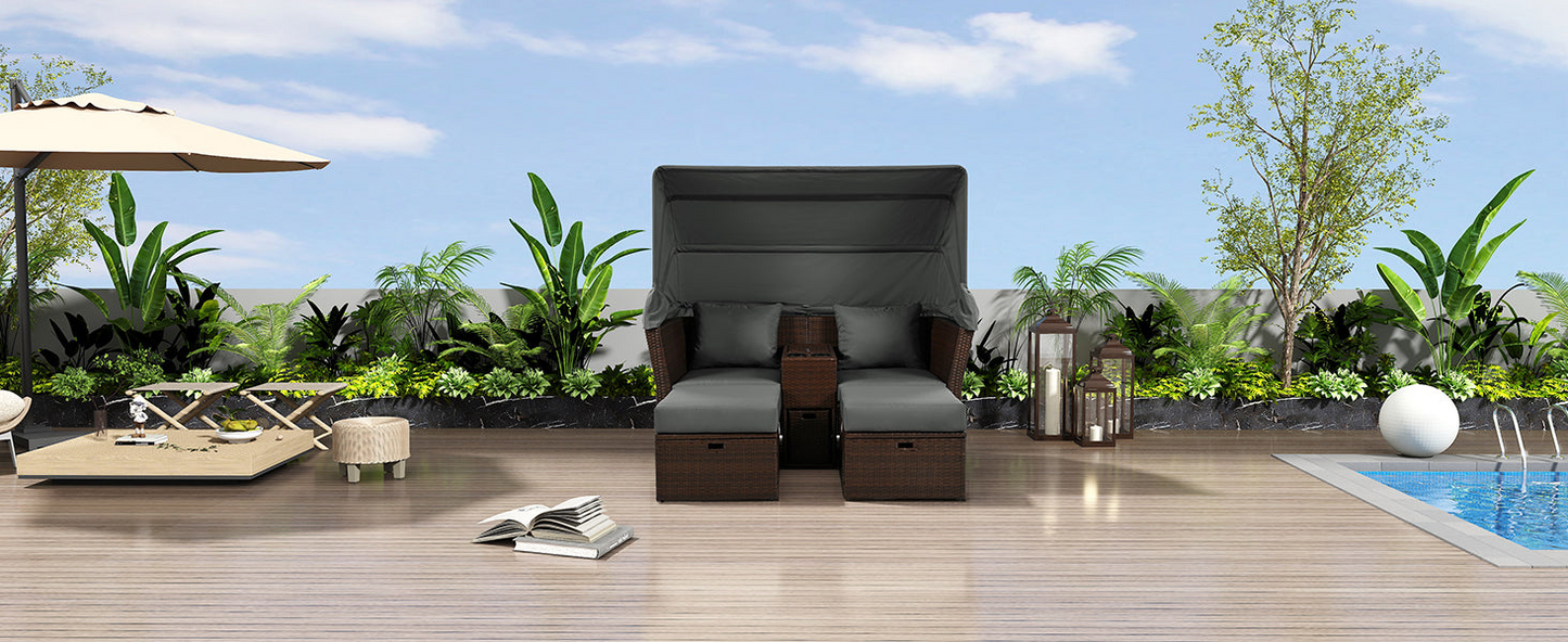 2-Seater Outdoor Patio Daybed Outdoor Double Daybed Outdoor Loveseat Sofa Set with Foldable Awning and Cushions for Garden, Balcony, Poolside, Grey