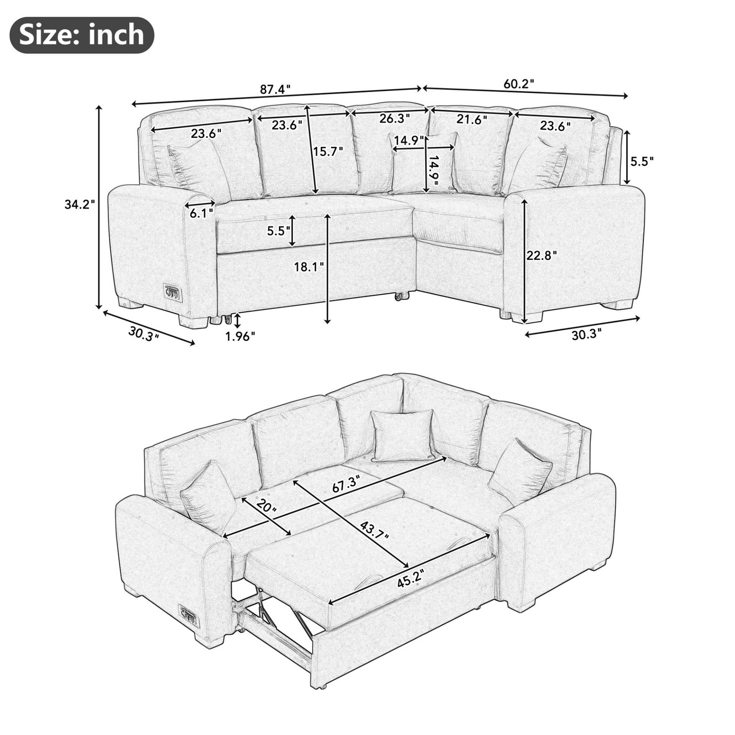 87.4"Sectional Sleeper Sofa with USB Charging Port and Plug Outlet,Pull-Out Sofa Bed with 3 Pillows, L-Shape Chaise for Living Room Small Apartment,Black