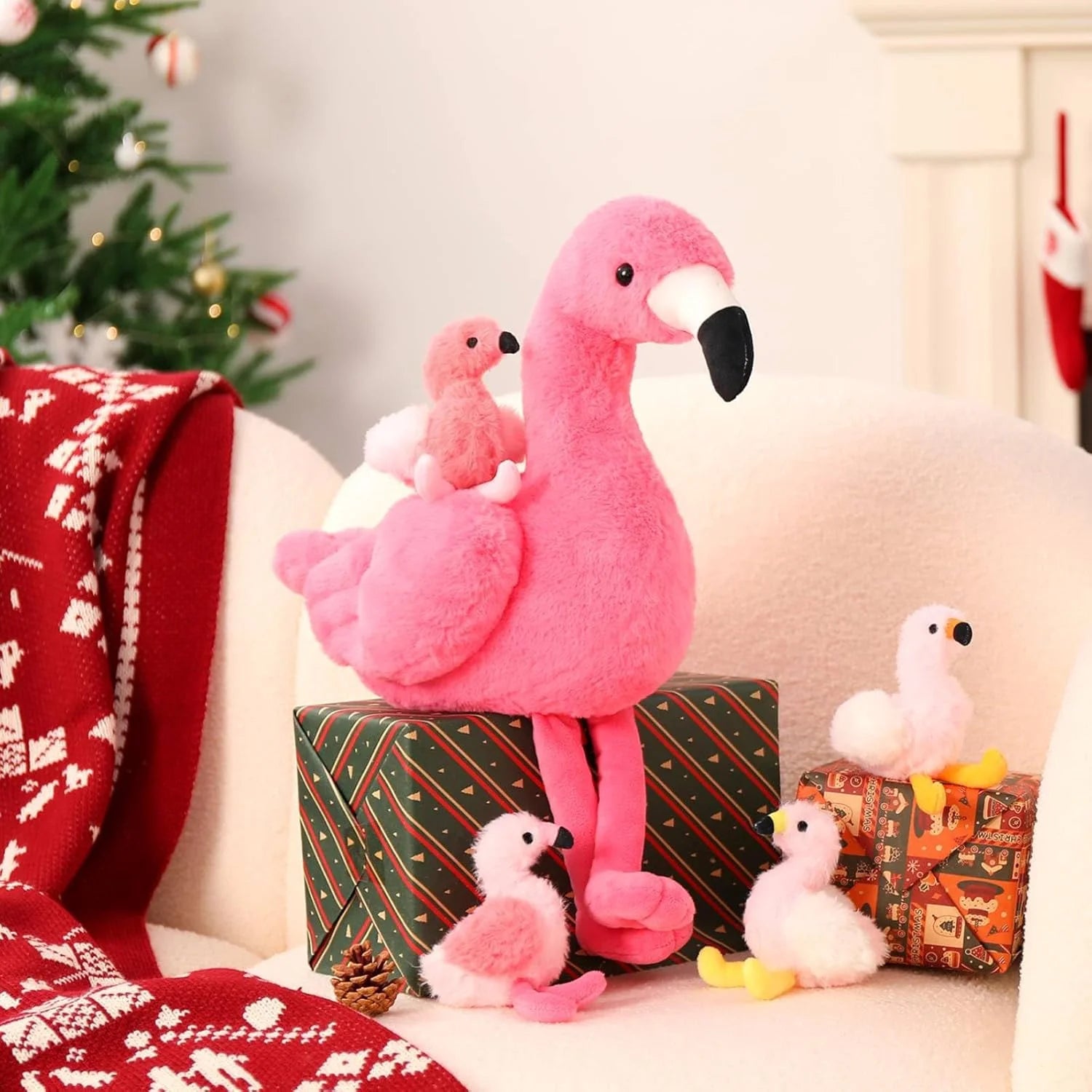 Morismos 18'' Plush Flamingo Stuffed Animal Mommy Stuffed Flamingo with 4 Babies
