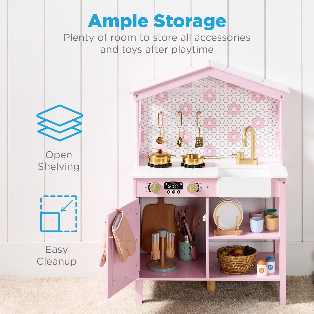 Best Choice Products Pretend Play Wooden Farmhouse Kitchen Set W/ Storage, Clicking Knobs, 5 Accessories - Rose