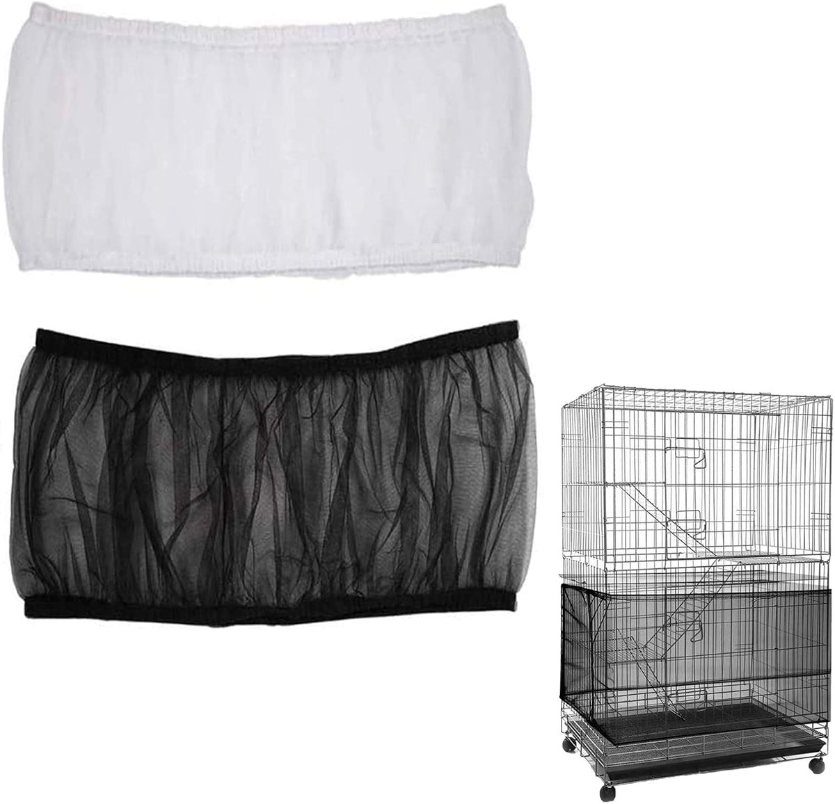 ISMARTEN Bird Cage Seed Catcher (2 Pack), Airy Gauze Bird Cage Cover Seeds Guard Dust-Proof Universal Birdcage Accessories Mesh Net Cover (Black + White, L)