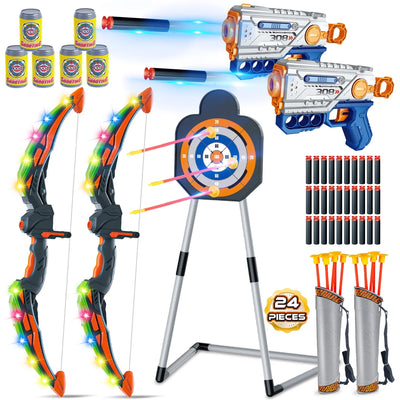 Huge Wave 2 Pack Bow and Arrow Sets for Boys Aged 5-12, Kids Light up Archery Set Shooting Toys, Indoor Outdoor Shooting Target Games for Christmas Birthday Gift