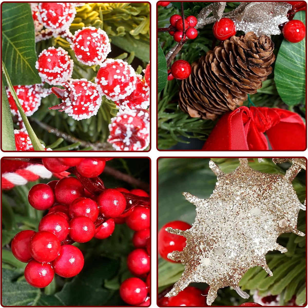 Christmas Wreath with Lights,Outdoor Pre-Lit Christmas Wreaths for Front Door-24 Inch Xmas Door Wreath with Pine Needles Pine Cones and Red Berries- Farmhouse Home Christmas Decorations
