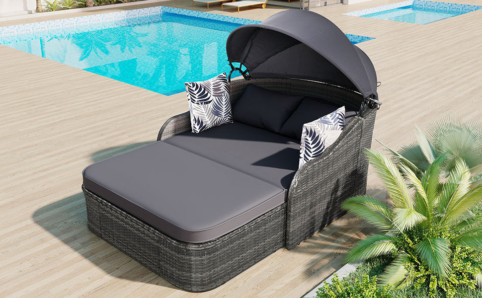 79.9" Outdoor Sunbed with Adjustable Canopy, Double lounge, PE Rattan Daybed, Gray Wicker And Cushion