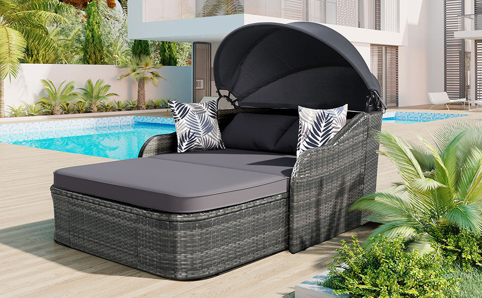 79.9" Outdoor Sunbed with Adjustable Canopy, Double lounge, PE Rattan Daybed, Gray Wicker And Cushion