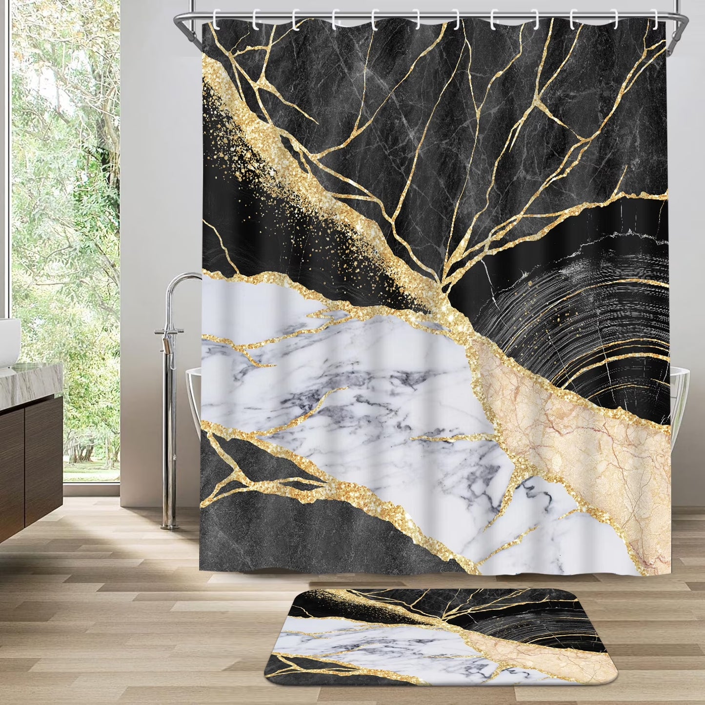 FRAMICS Black Gold Marble Shower Curtain Sets with Rugs, 16 Pc Modern Abstract Bathroom Sets, Waterproof Fabric Bathroom Curtain Decor with Hooks