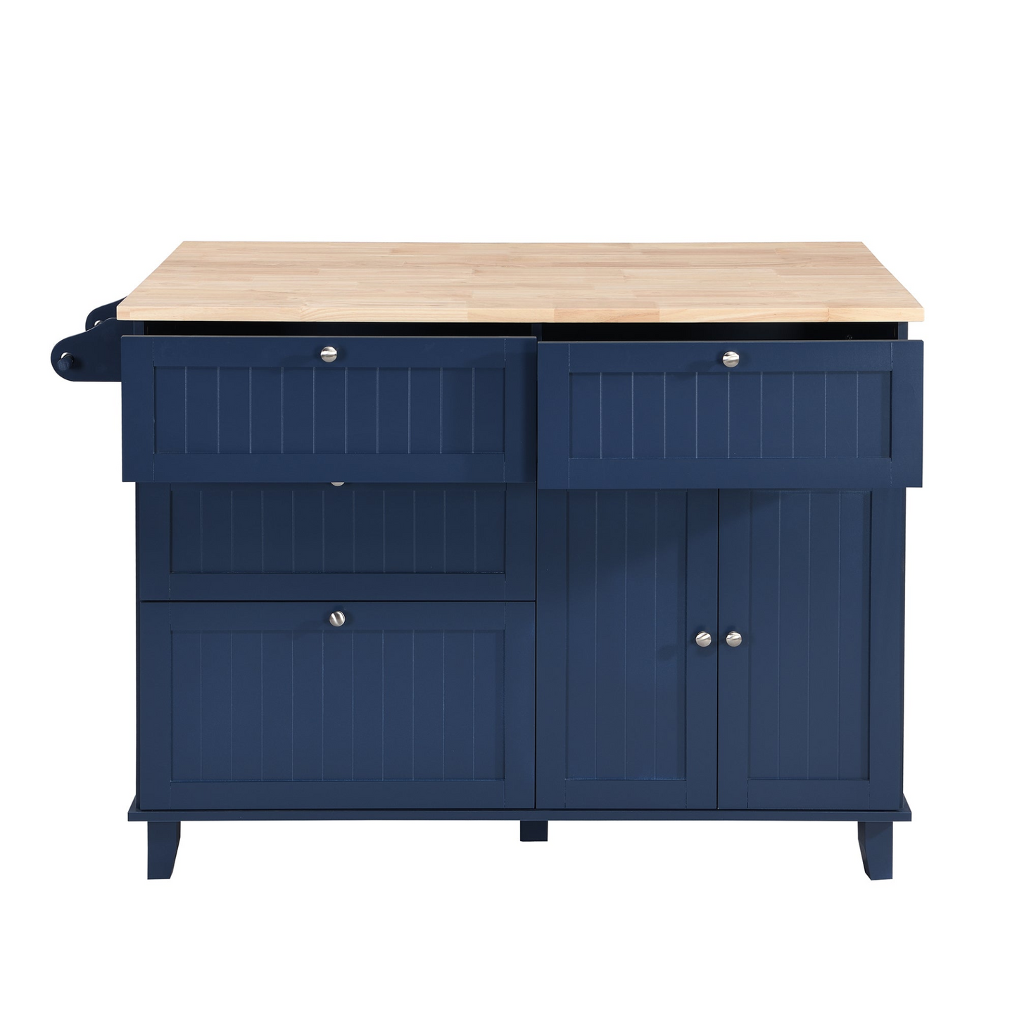 Farmhouse Kitchen Island Set with Drop Leaf and 2 Seatings,Dining Table Set with Storage Cabinet, Drawers and Towel Rack, Blue+Black+Brown