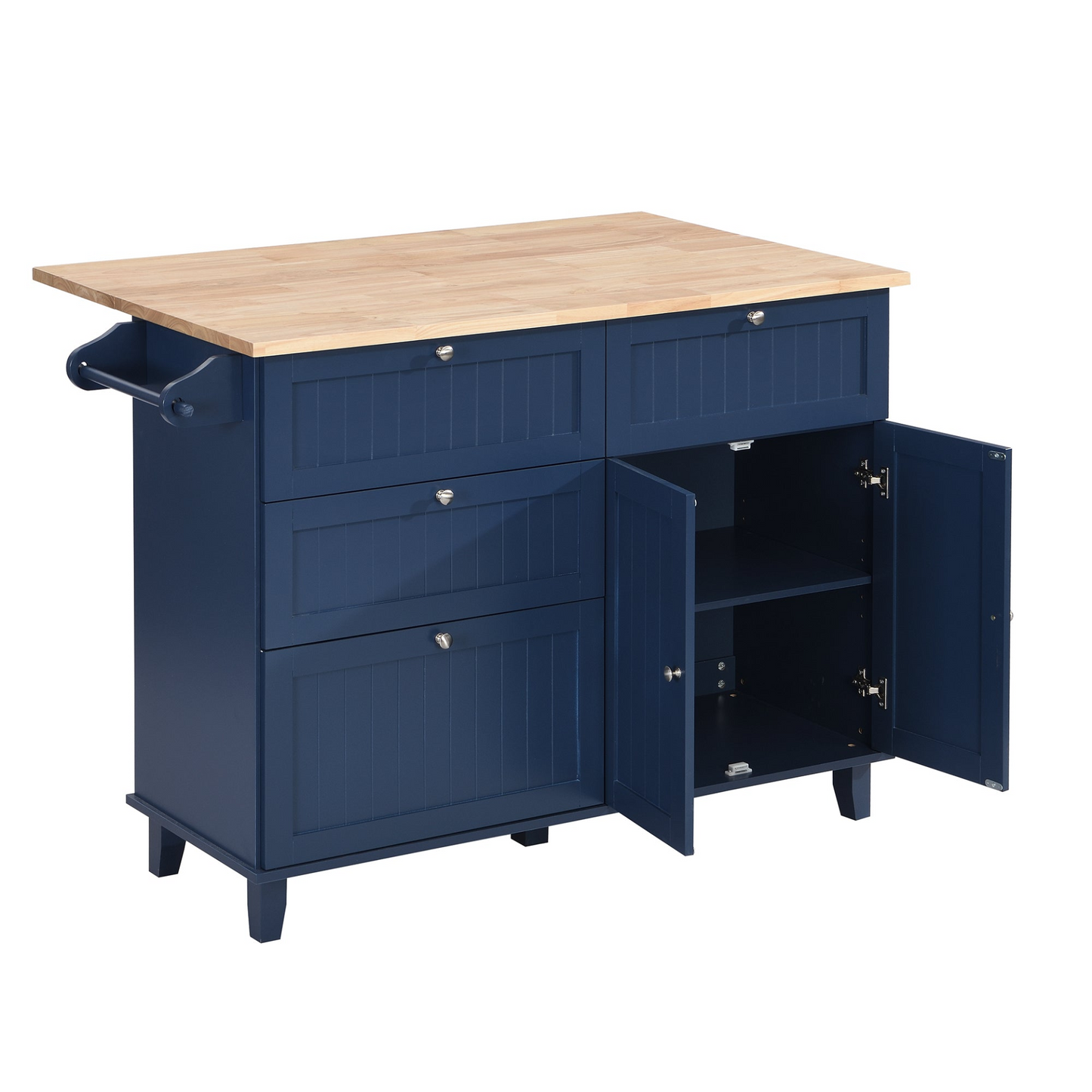 Farmhouse Kitchen Island Set with Drop Leaf and 2 Seatings,Dining Table Set with Storage Cabinet, Drawers and Towel Rack, Blue+Black+Brown