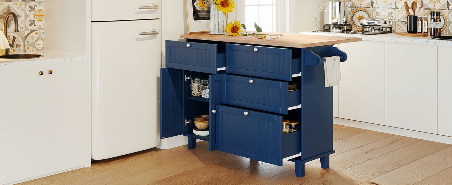 Farmhouse Kitchen Island Set with Drop Leaf and 2 Seatings,Dining Table Set with Storage Cabinet, Drawers and Towel Rack, Blue+Black+Brown