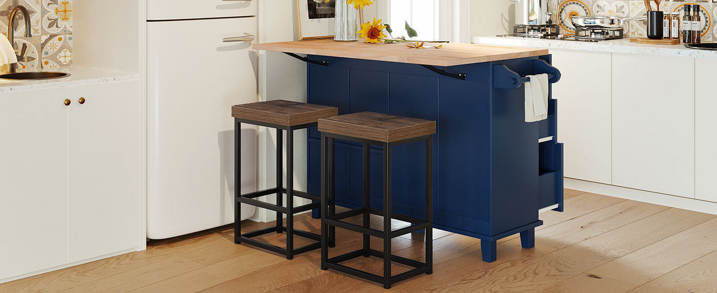 Farmhouse Kitchen Island Set with Drop Leaf and 2 Seatings,Dining Table Set with Storage Cabinet, Drawers and Towel Rack, Blue+Black+Brown