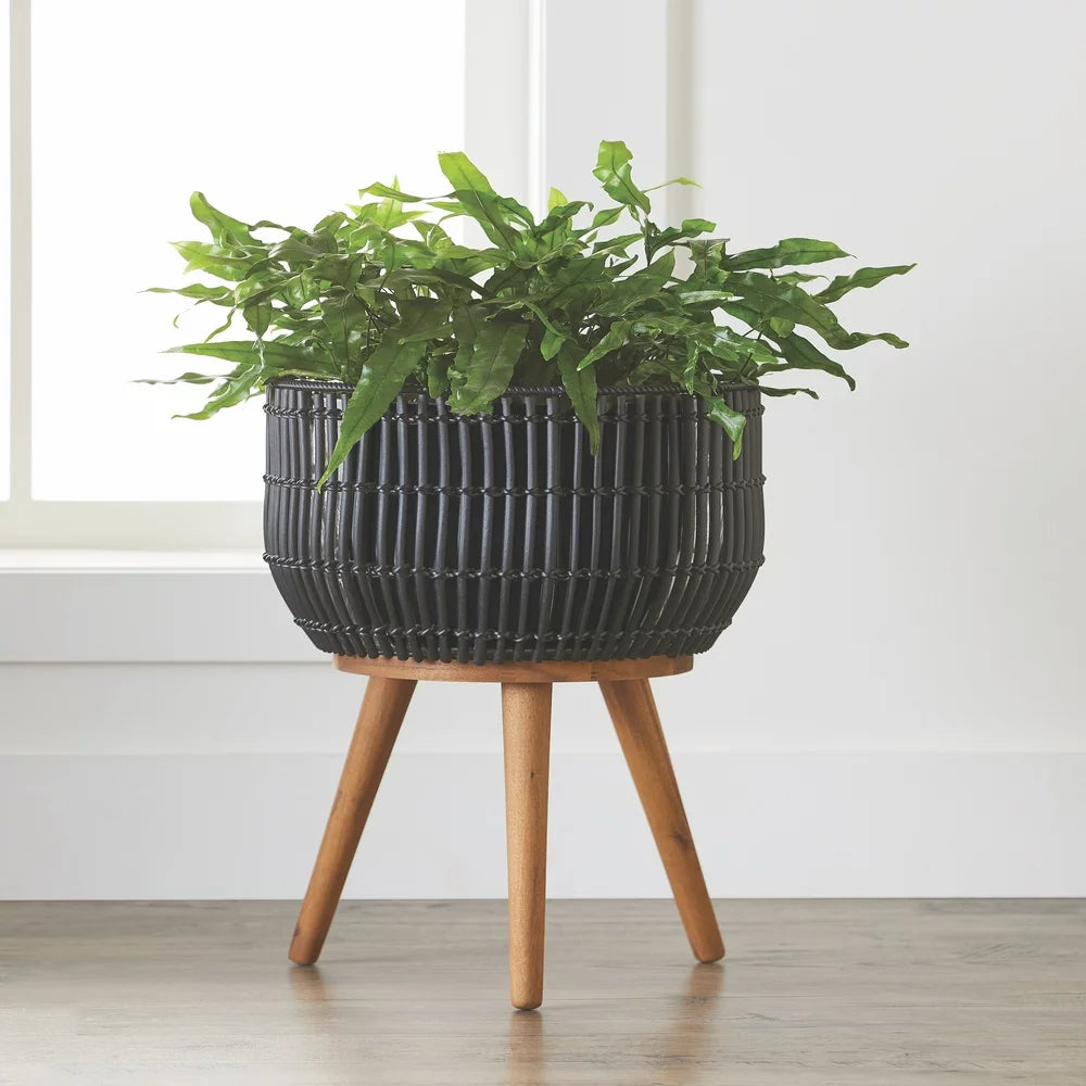 Better Homes & Gardens Black round Resin Planter & Stand Set with Wood Legs