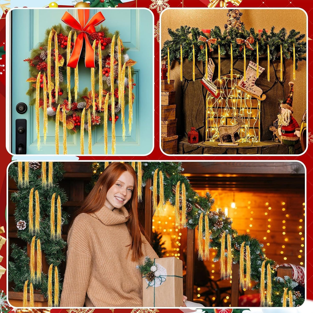 6000 Strands Christmas Tinsel Icicles, Gold Tinsel Foil Fringe Icicles