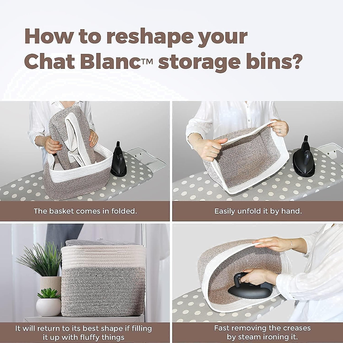 CHAT BLANC Cotton Rope Baskets for Organizing | 15”X10”X9” Storage Baskets for Shelves | Small Laundry Woven Baskets for Storage, Dog Toy Bin, Baby Basket,Off White&Brown 3 Pack