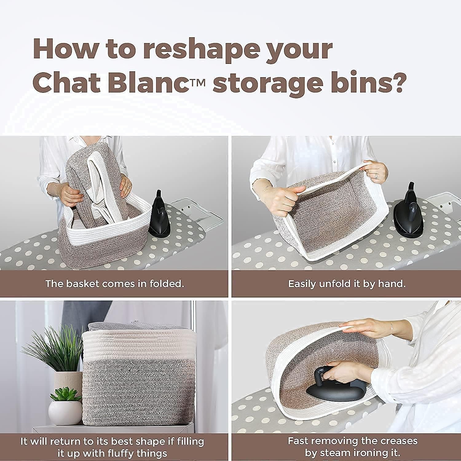 CHAT BLANC Cotton Rope Baskets for Organizing | 15”X10”X9” Storage Baskets for Shelves | Small Laundry Woven Baskets for Storage, Dog Toy Bin, Baby Basket,Off White&Brown 3 Pack