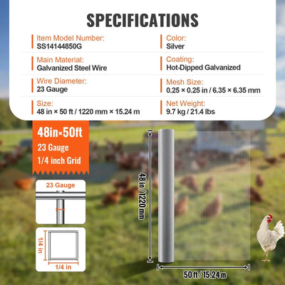 VEVOR Hardware Cloth, 1/4 Inch 48In X 50 Ft 23 Gauge, Hot Dipped Galvanized Wire Mesh Roll, Chicken Wire Fencing, Wire Mesh for Rabbit Cages, Garden, Small Rodents