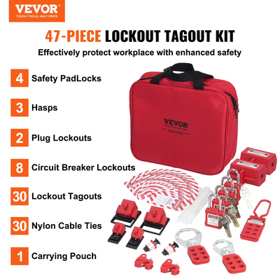 Electrical Lockout Tagout Kit, 47 PCS Safety Loto Kit Includes Padlocks, Hasps, Tags, Nylon Ties, Plug Lockouts, Circuit Breaker Lockouts, and Carrying Bag, for Industrial, Electric Power