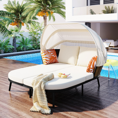 74.8" L Patio Daybed with Retractable Canopy, Outdoor Rattan PE Wicker Back Loveseat Sofa Set with Throw Pillows and Cushions for Backyard, Poolside, Garden, Beige