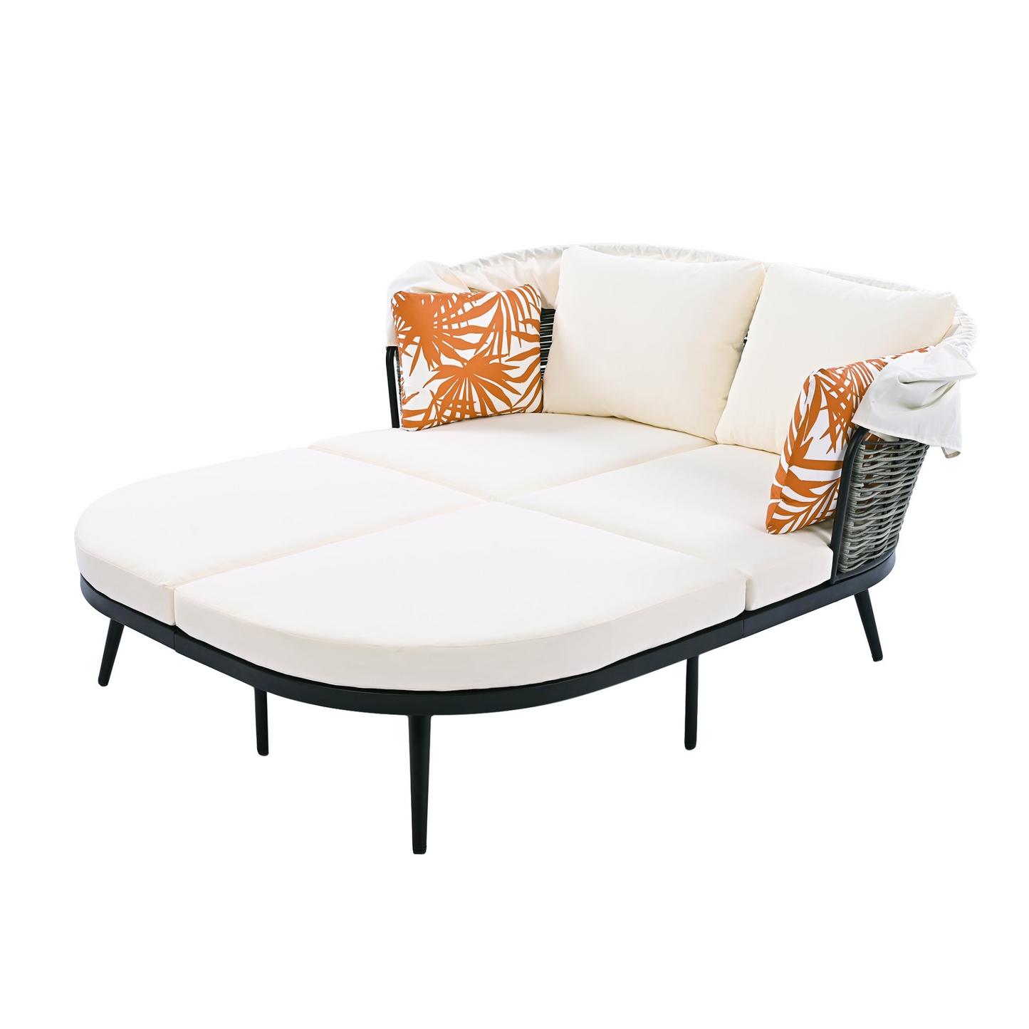 74.8" L Patio Daybed with Retractable Canopy, Outdoor Rattan PE Wicker Back Loveseat Sofa Set with Throw Pillows and Cushions for Backyard, Poolside, Garden, Beige