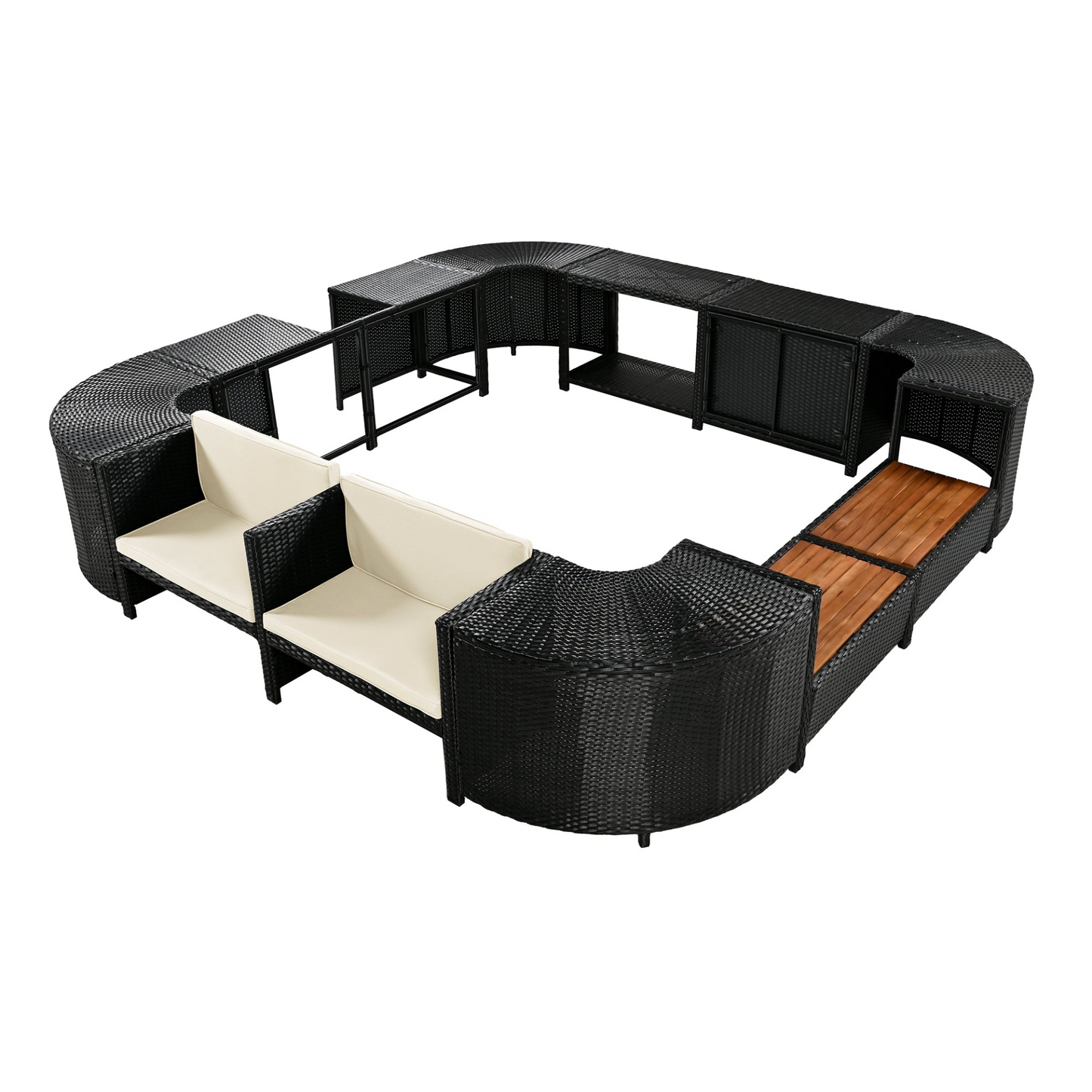 Spa Surround Spa Frame Quadrilateral Outdoor Rattan Sectional Sofa Set with Mini Sofa,Wooden Seats and Storage Spaces, Beige