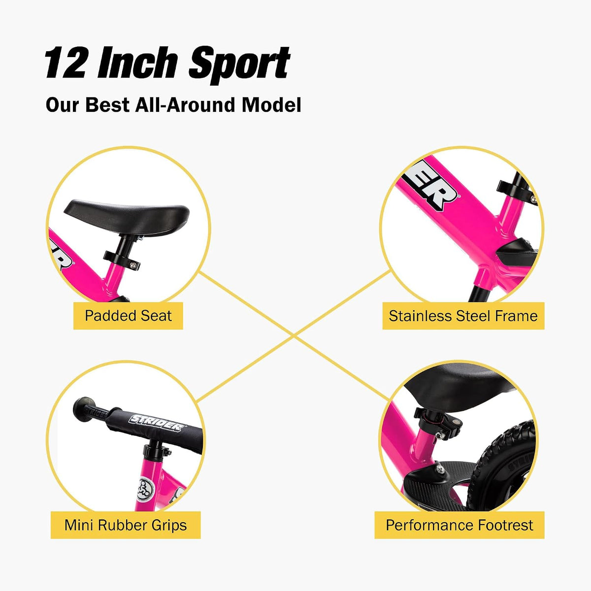 Strider 12 Sport, No Pedal Balance Bike for Kids Ages 1–4 Years, Pink