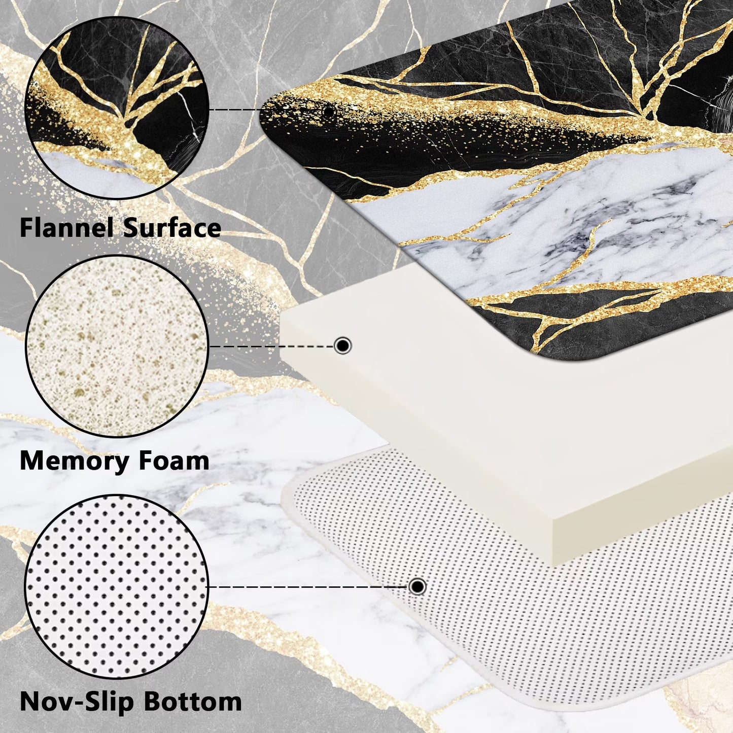FRAMICS Black Gold Marble Shower Curtain Sets with Rugs, 16 Pc Modern Abstract Bathroom Sets, Waterproof Fabric Bathroom Curtain Decor with Hooks
