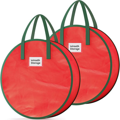 Wreath Storage Container, 2 Pack Christmas Wreath Storage Bag with Sturdy Handle, Two-Way Zipper,Durable Wreath Storage Organizer Box for Holiday Decoration (Red, 24"X8")
