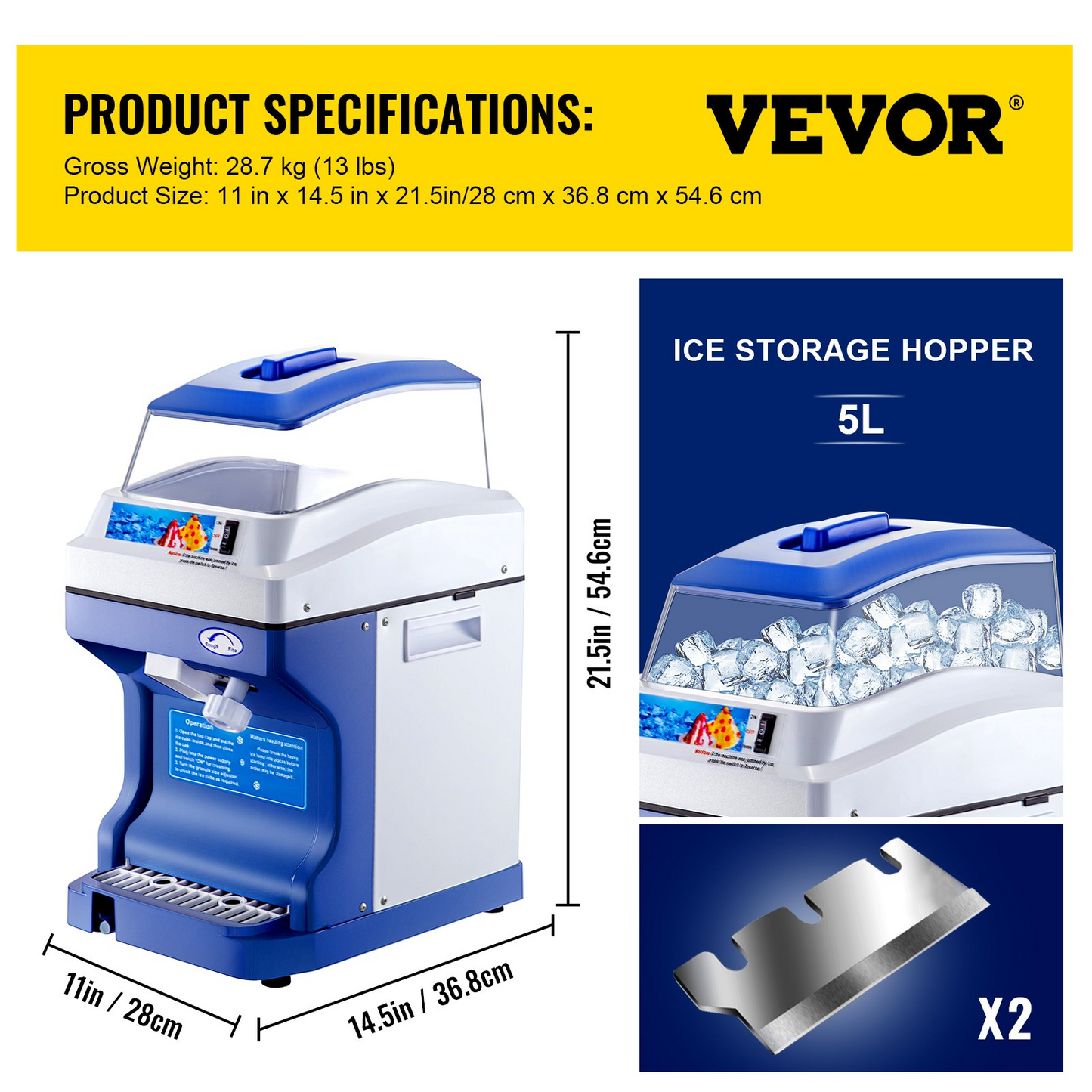 110V Commercial Ice Shaver Crusher 441LBS/H with 11LBS Hopper, 300W Tabletop Electric Snow Cone Maker 320 RPM Rotate Speed Perfect For Parties Events Snack Bar