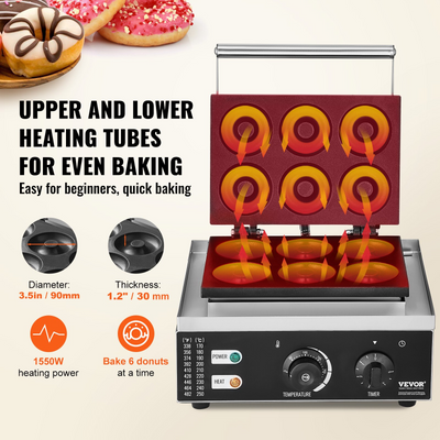 Electric Donut Maker, 1550W Commercial Doughnut Machine with Non-stick Surface, 6 Holes Double-Sided Heating Waffle Machine Makes 6 Doughnuts, Temperature 122-572℉, for Restaurant and Home Use