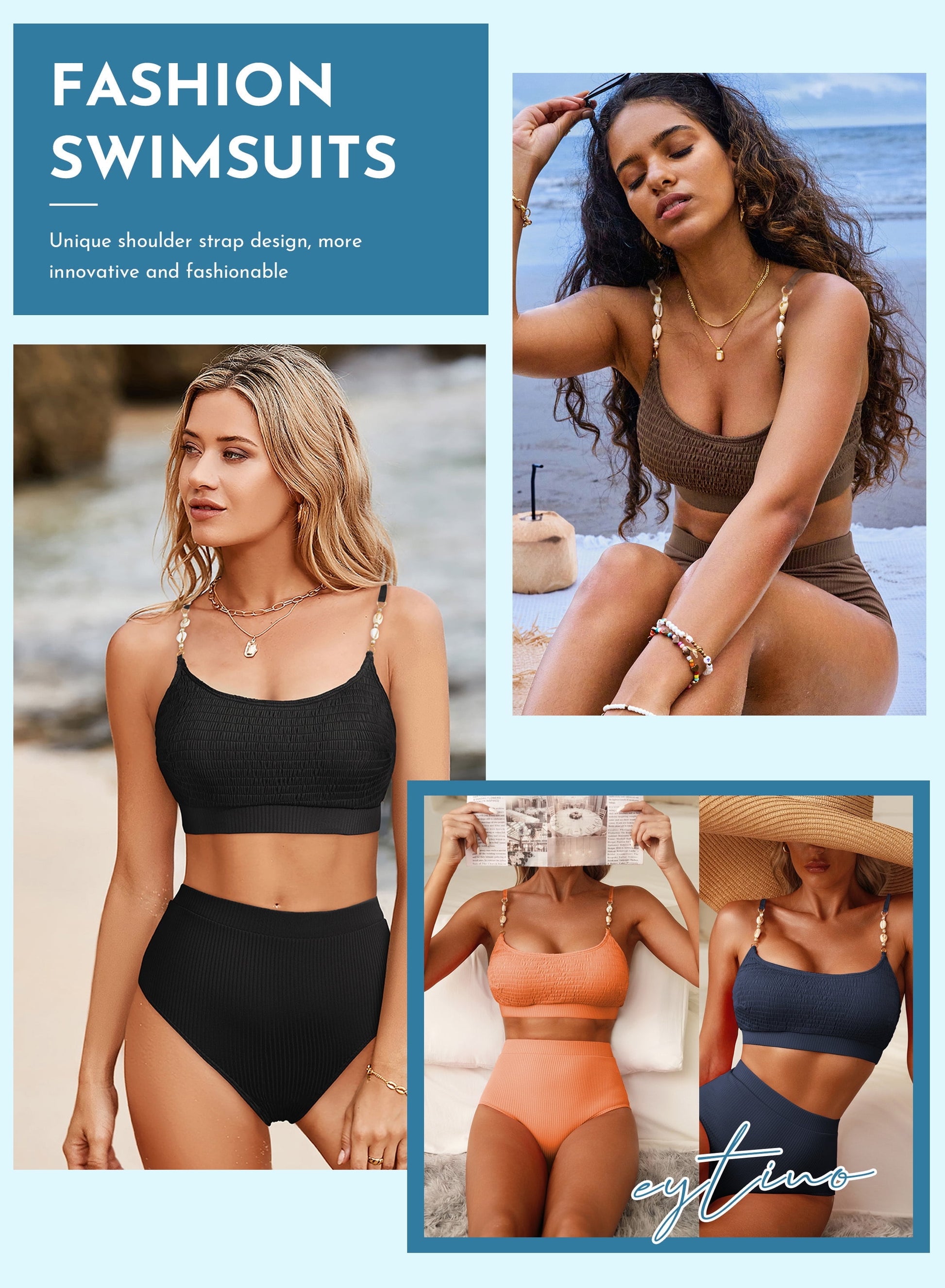 Eytino Women'S Bikini Swimsuit Shirred Solid Color 2 Piece High Waisted Swimsuit Scoop Neck Adjustable Shell Strap Bathing Suits Bikini Set 2025 Womens Swimwear Orange L