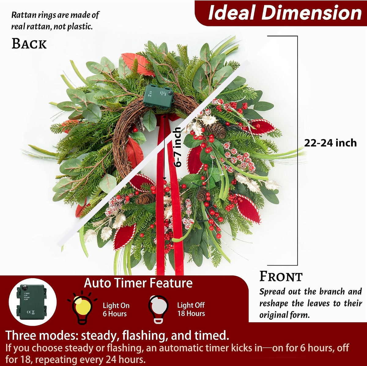 Christmas Wreath with Lights,Outdoor Pre-Lit Christmas Wreaths for Front Door-24 Inch Xmas Door Wreath with Pine Needles Pine Cones and Red Berries- Farmhouse Home Christmas Decorations