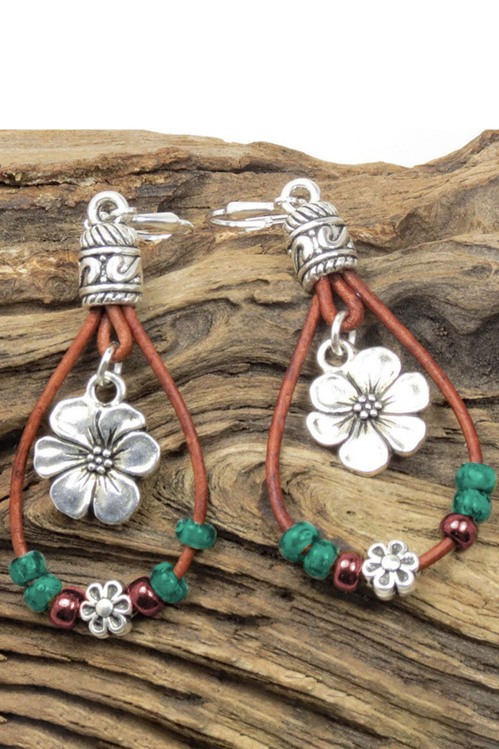 Silvery Western Leather Beaded Floral Dangle Earrings